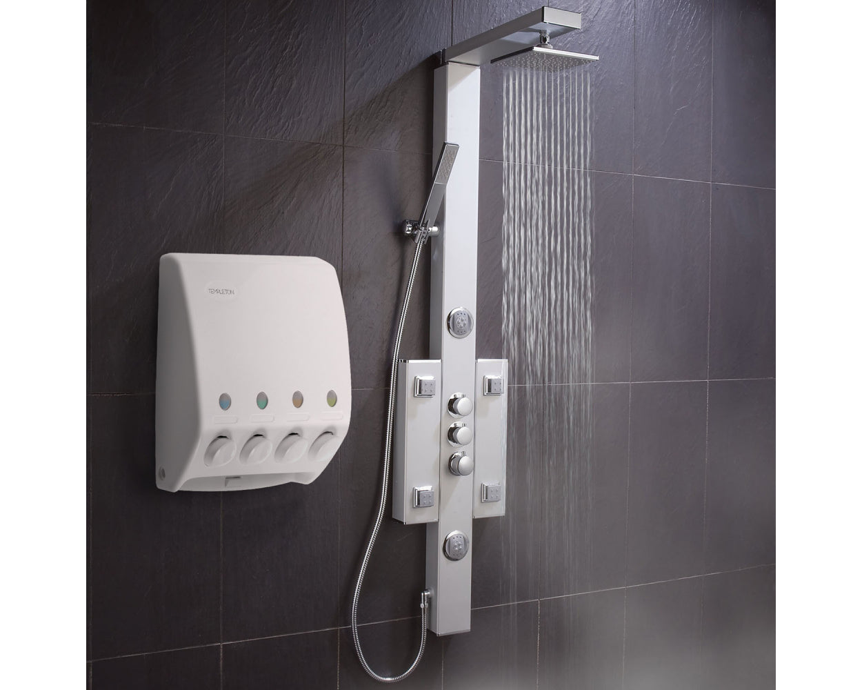 Templeton Four Chamber Shower Soap, Shampoo, Conditioner & Lotion Dispenser in White