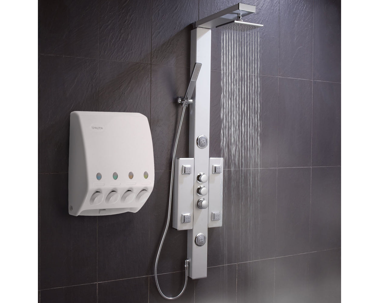 Templeton Four Chamber Shower Soap, Shampoo, Conditioner & Lotion Dispenser in White
